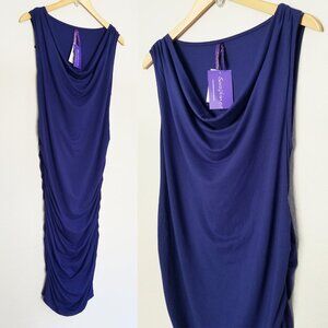 NEW Seraphine Maternity Cowl Neck Ruched Knit Bodycon Midi Dress Blue Sleeveless